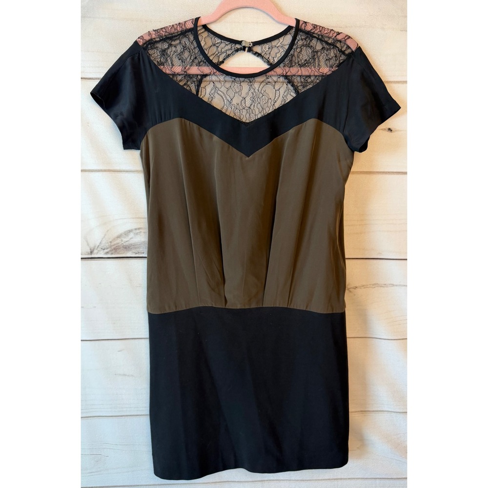 Sandro Paris Silk Lace Colorblock Mini Dress Olive Black R3565H Size 1